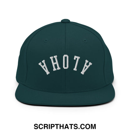 Dark green snapback hat with white embroidered yhoth lettering and flat bill brim in upside down aloha style