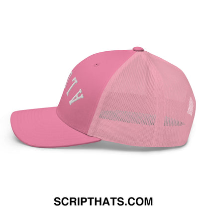 Pink upside down aloha embroidered mesh trucker hat with white lettering and a breathable mesh back panel