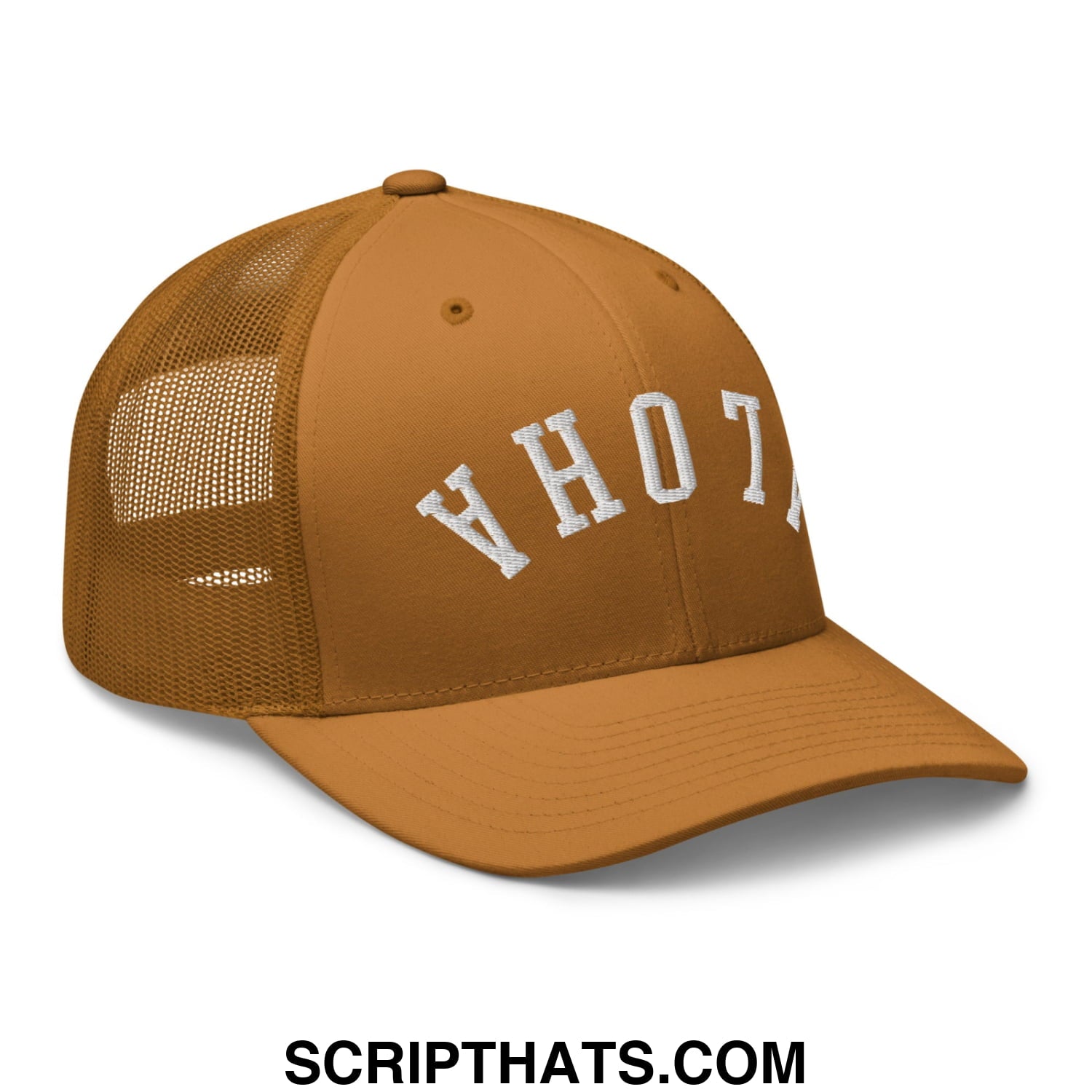 A tan mesh trucker hat with white embroidered upside down aloha lettering on the front panel