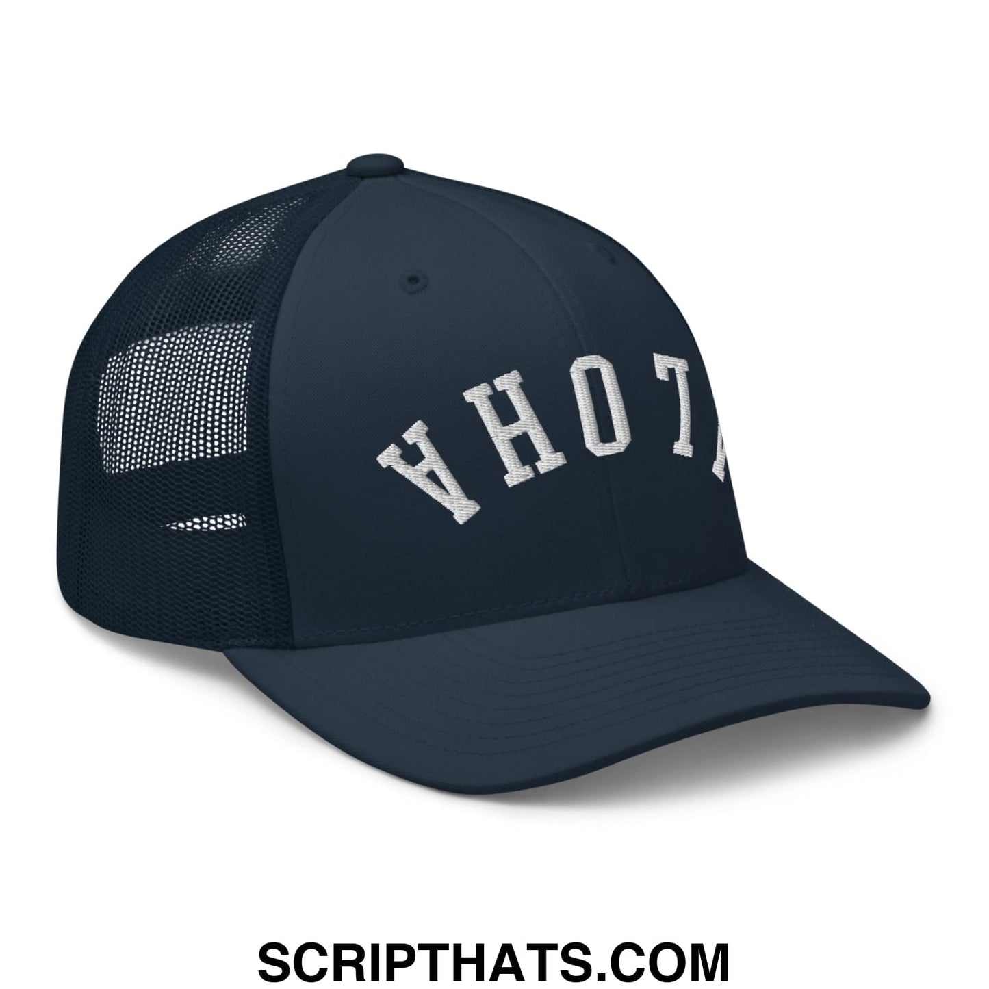 Dark navy mesh trucker hat with white embroidered vhot lettering front in upside down aloha embroidered design