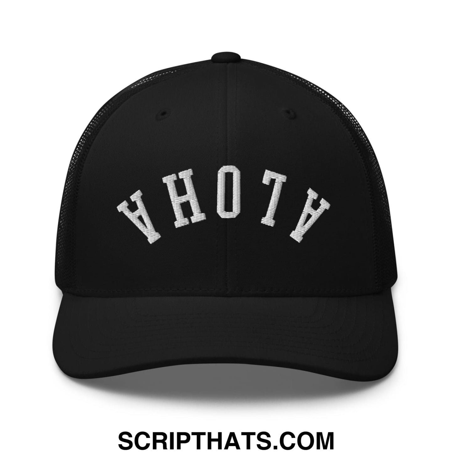 Black mesh trucker hat with white upside down aloha embroidered yhoth text on front panel