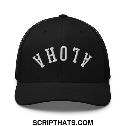Upside Down Aloha Embroidered Mesh Trucker Hat Black