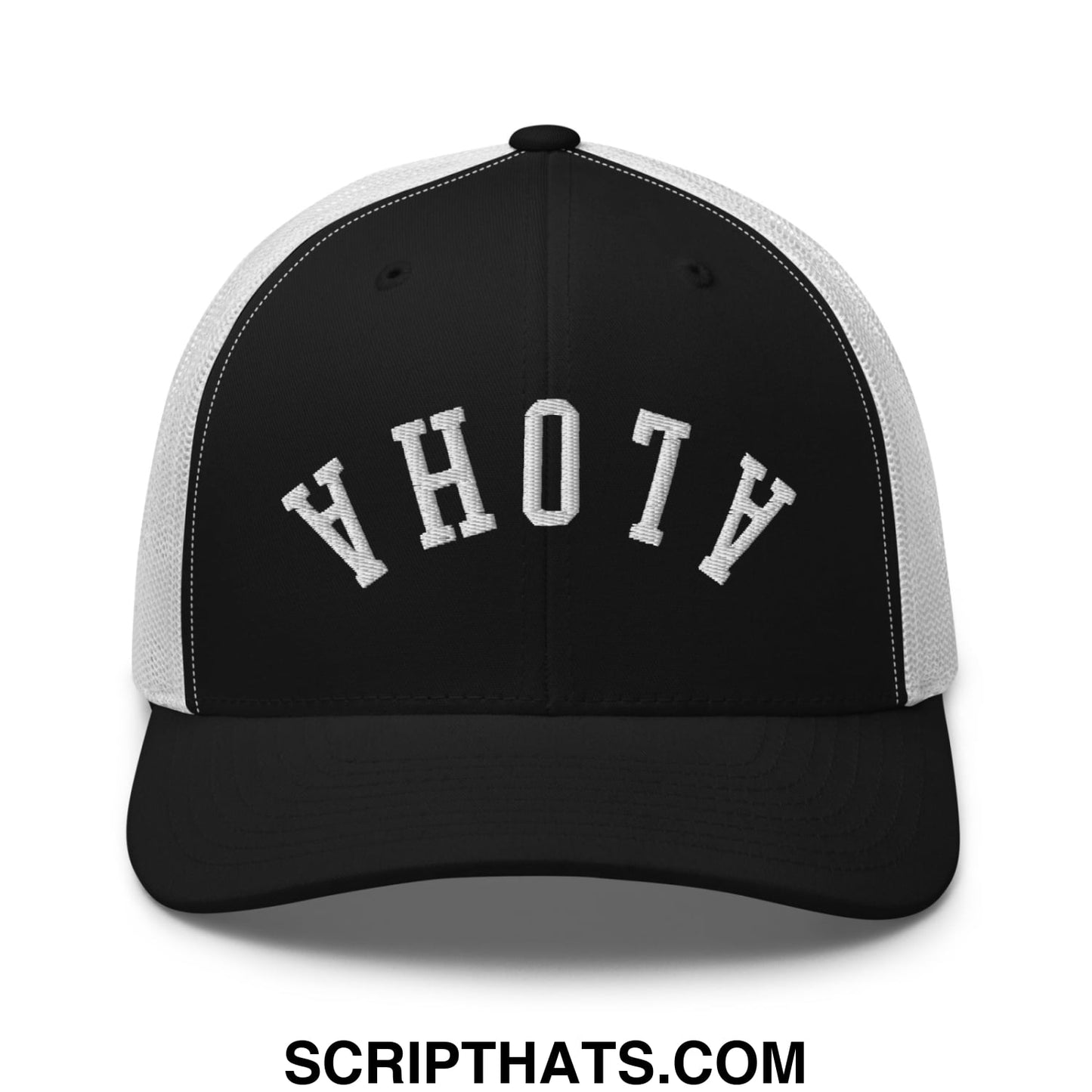 Black and white mesh trucker hat with yhotv embroidered in vintage-style lettering from upside down aloha collection