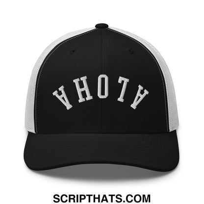 Black and white mesh trucker hat with yhotv embroidered in vintage-style lettering from upside down aloha collection