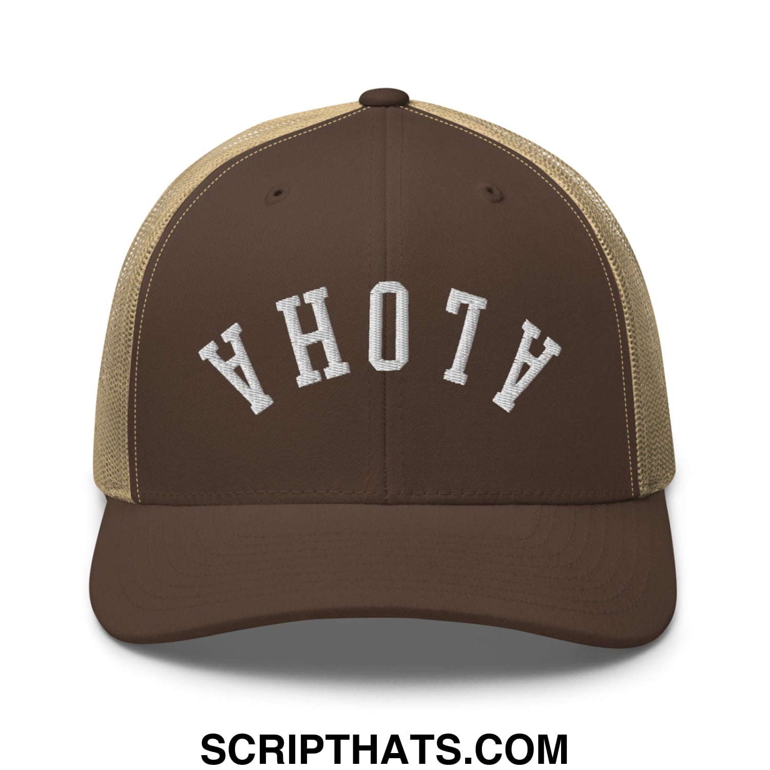 Brown and tan mesh trucker hat with white embroidered yhotv lettering from upside down aloha collection