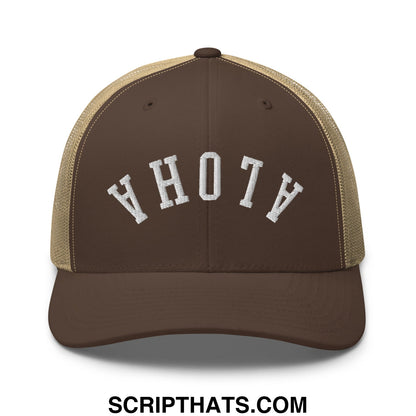Brown and tan mesh trucker hat with white embroidered yhotv lettering from upside down aloha collection