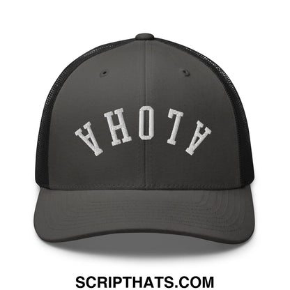 Dark gray mesh trucker hat with white yhoth embroidery front upside down aloha design