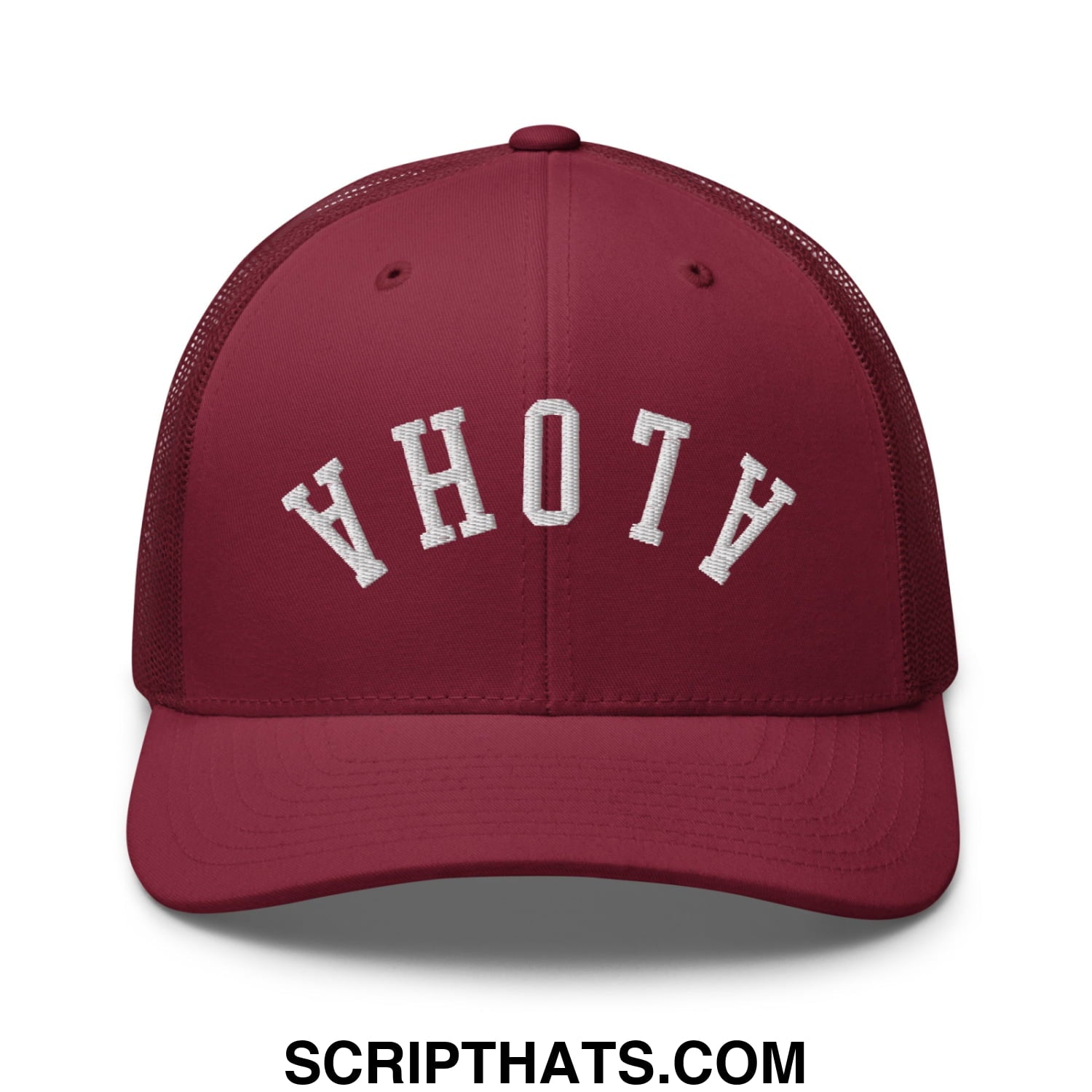 Maroon mesh trucker hat with white embroidered yhotv lettering featuring upside down aloha design