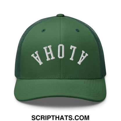 Dark green mesh trucker hat with white embroidered yhotv lettering front featured in upside down aloha design