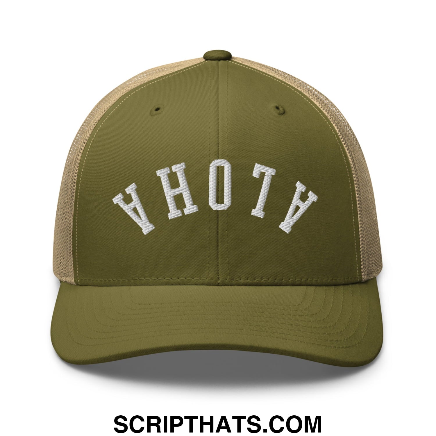 Olive green and tan mesh trucker hat with white embroidered yhoth lettering from upside down aloha collection