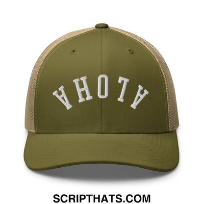 Olive green and tan mesh trucker hat with white embroidered yhoth lettering from upside down aloha collection