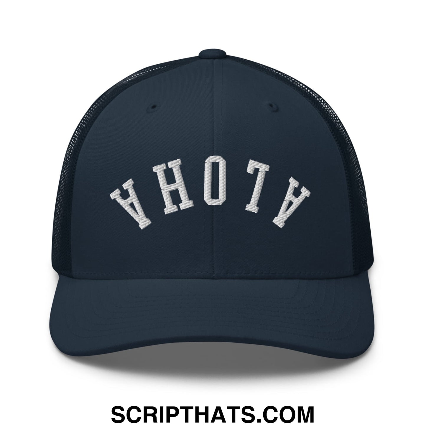 Navy blue mesh trucker hat with white embroidered yhotv lettering from the upside down aloha collection