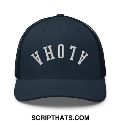 Navy blue mesh trucker hat with white embroidered yhotv lettering from the upside down aloha collection
