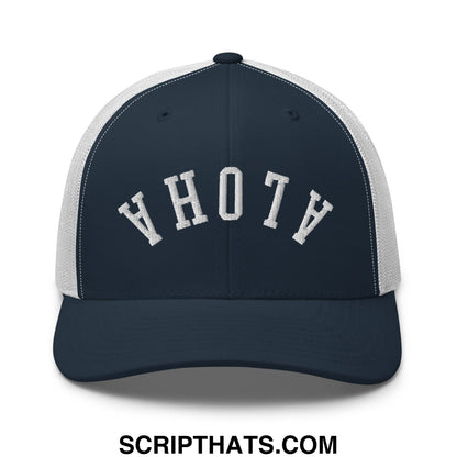 Navy blue and white mesh trucker hat with arched yhotv embroidery from Upside Down Aloha collection