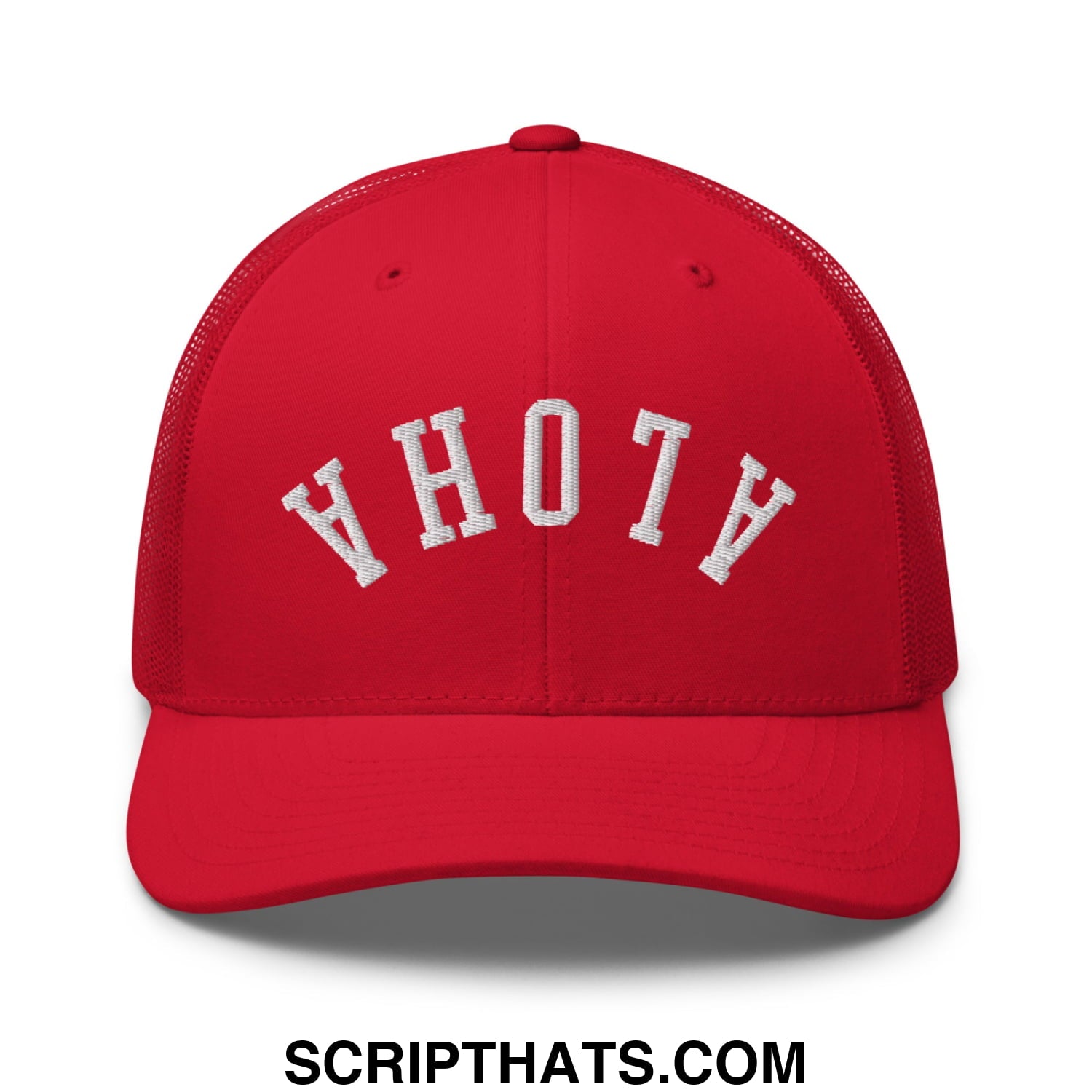 Red mesh trucker hat with white embroidered ahoy lettering from the upside down aloha collection
