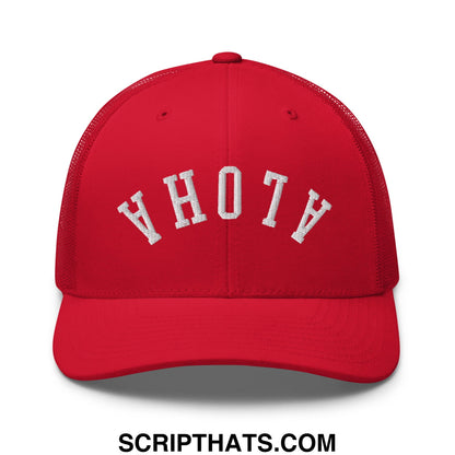 Red mesh trucker hat with white embroidered ahoy lettering from the upside down aloha collection