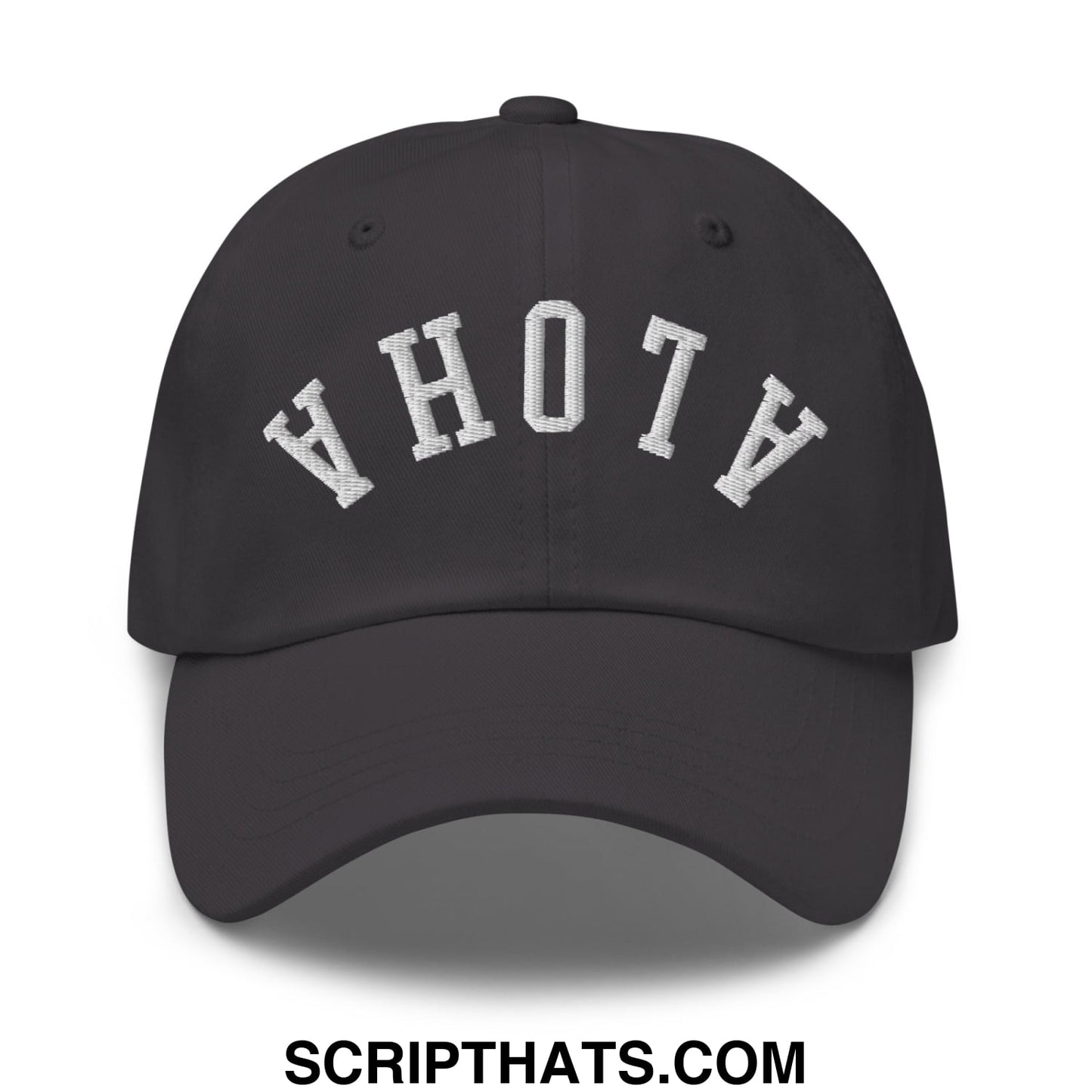 Black unstructured dad hat with white embroidered ahoy lettering in a classic arch design from upside down aloha