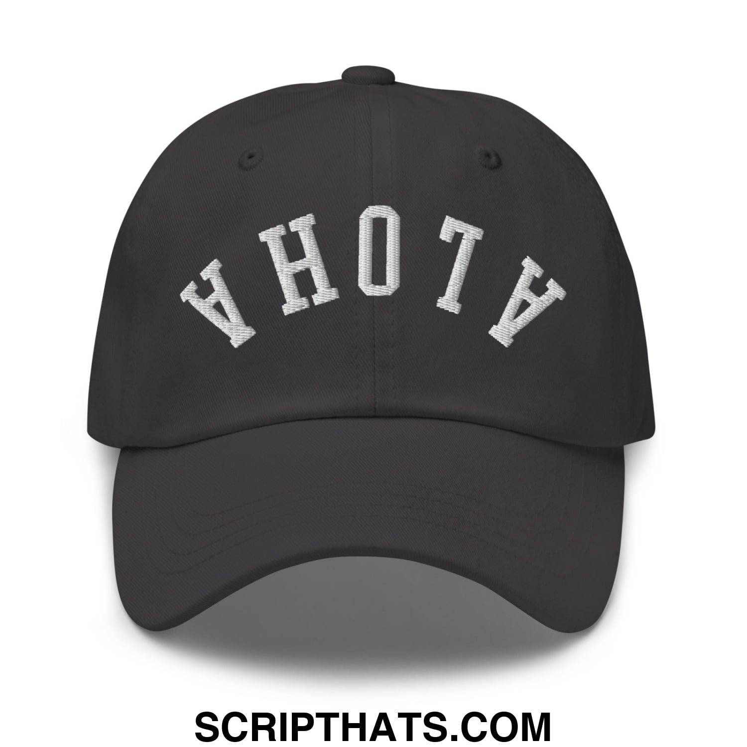 Black unstructured dad hat with white embroidered ahoy lettering in a classic arch design from upside down aloha