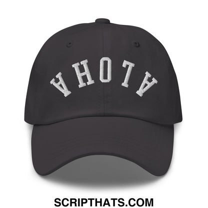 Black unstructured dad hat with white embroidered ahoy lettering in a classic arch design from upside down aloha
