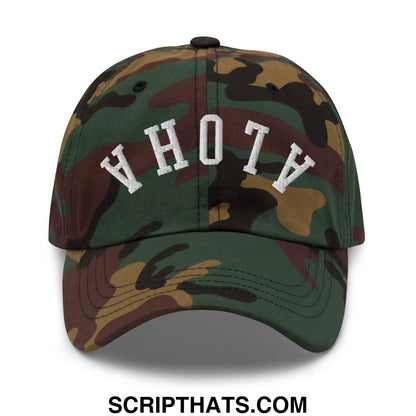 A camouflage unstructured dad hat with who embroidered in white arched lettering on the front panel