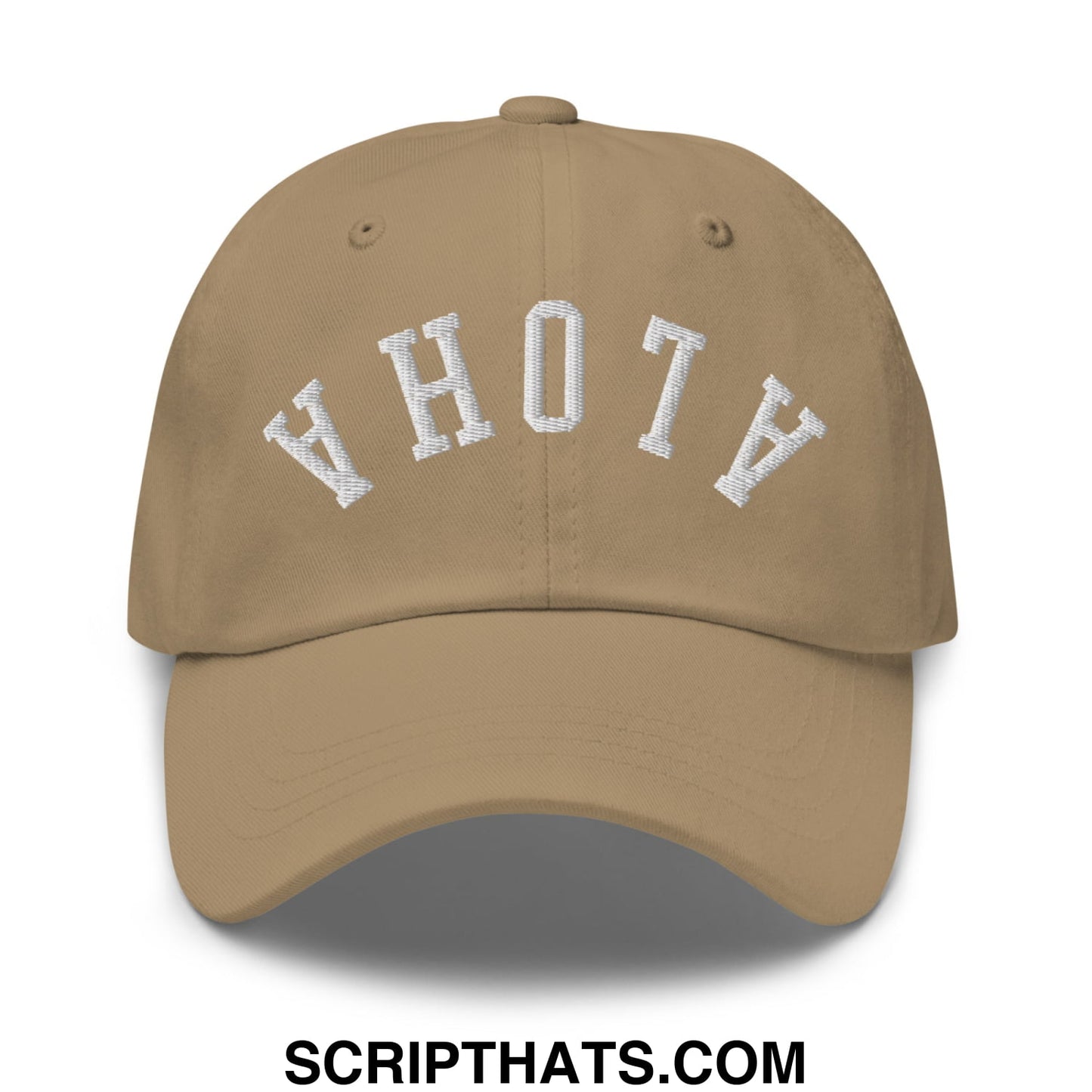 Tan unstructured dad hat with white embroidered ahoy lettering in an arched design from upside down aloha collection