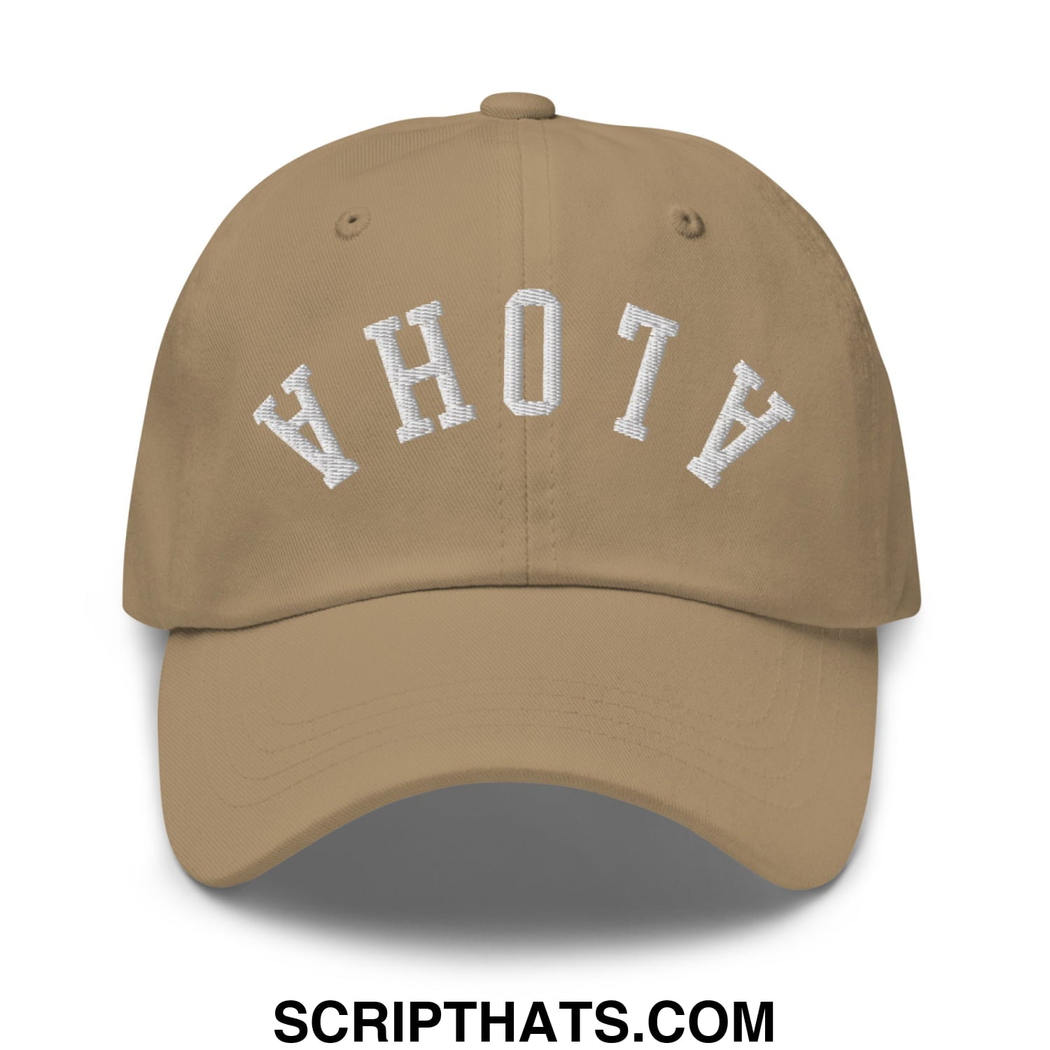 Tan unstructured dad hat with white embroidered ahoy lettering in an arched design from upside down aloha collection