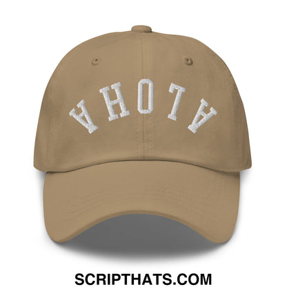 Tan unstructured dad hat with white embroidered ahoy lettering in an arched design from upside down aloha collection