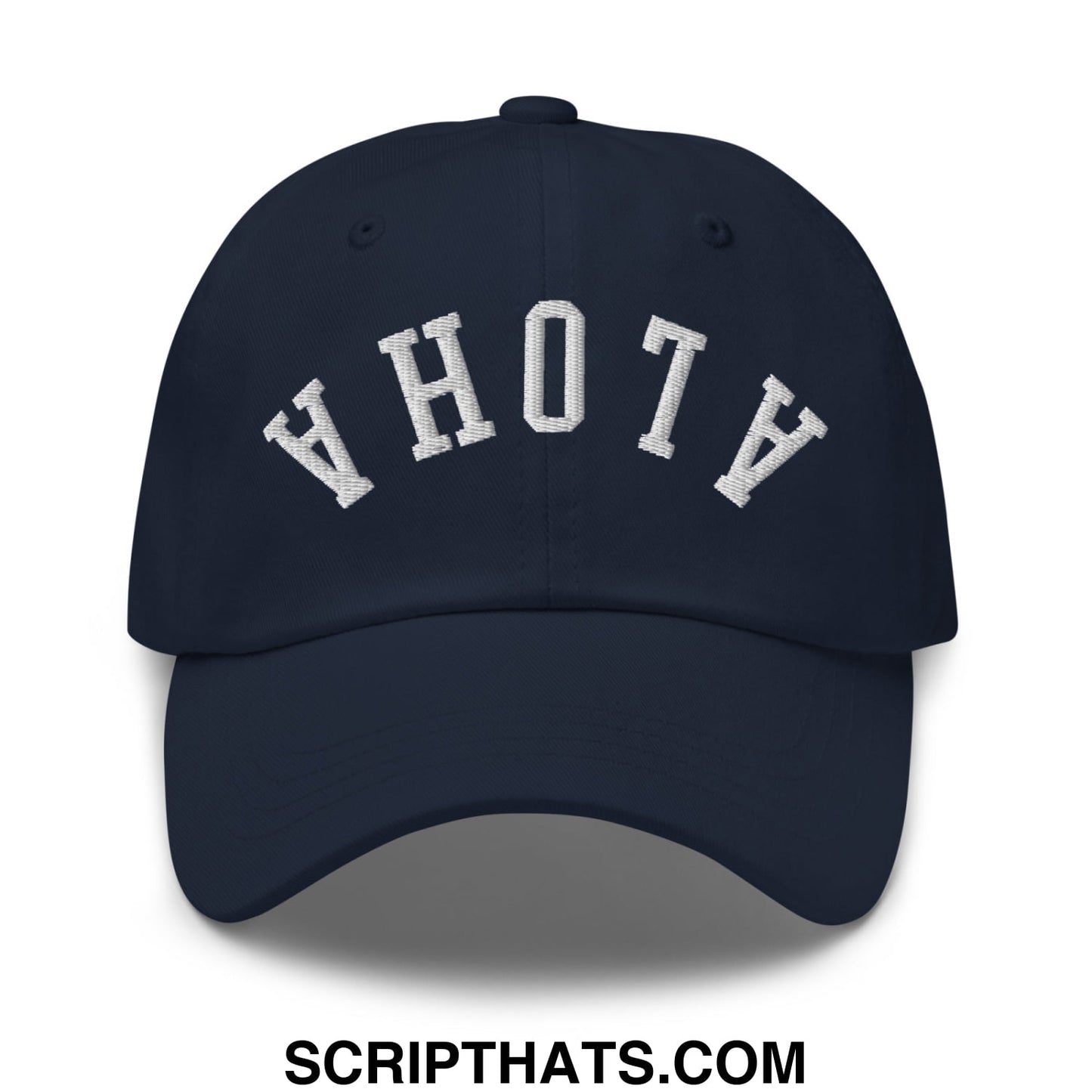Navy blue unstructured dad hat with white arched ahoy embroidery from the Upside Down Aloha collection