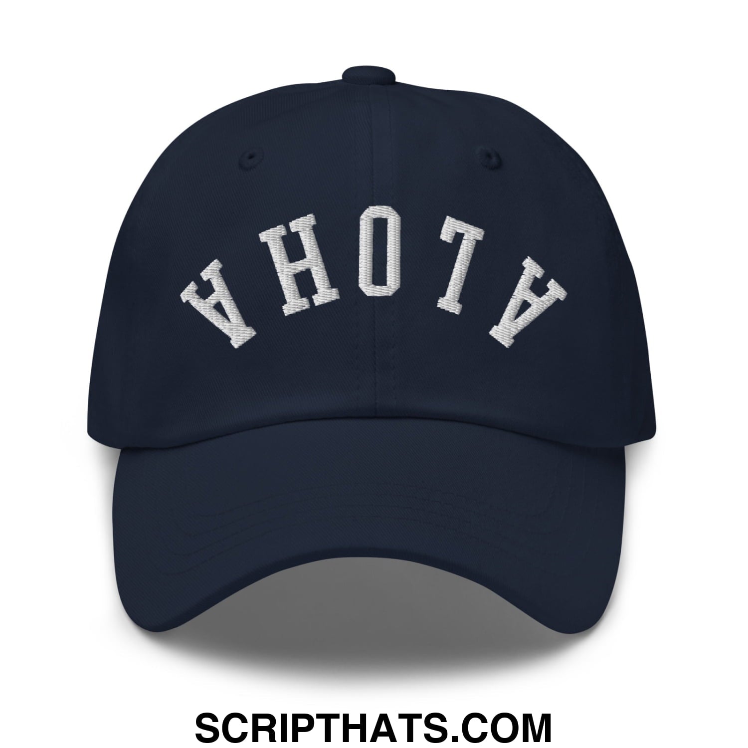 Navy blue unstructured dad hat with white arched ahoy embroidery from the Upside Down Aloha collection