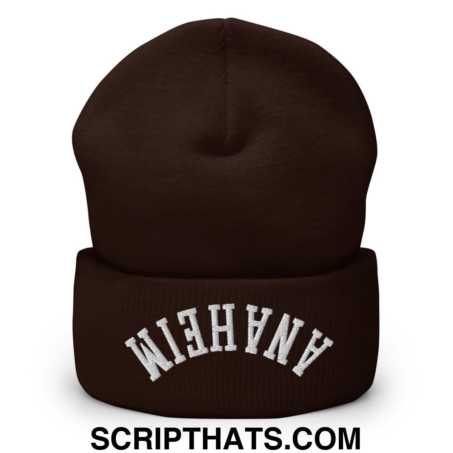 Upside Down Anaheim Embroidered Cuffed Knit Beanie Brown