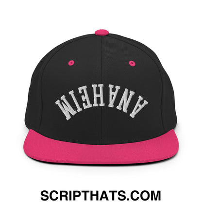 Upside Down Anaheim Embroidered Flat Bill Brim Snapback Hat Black Neon Pink