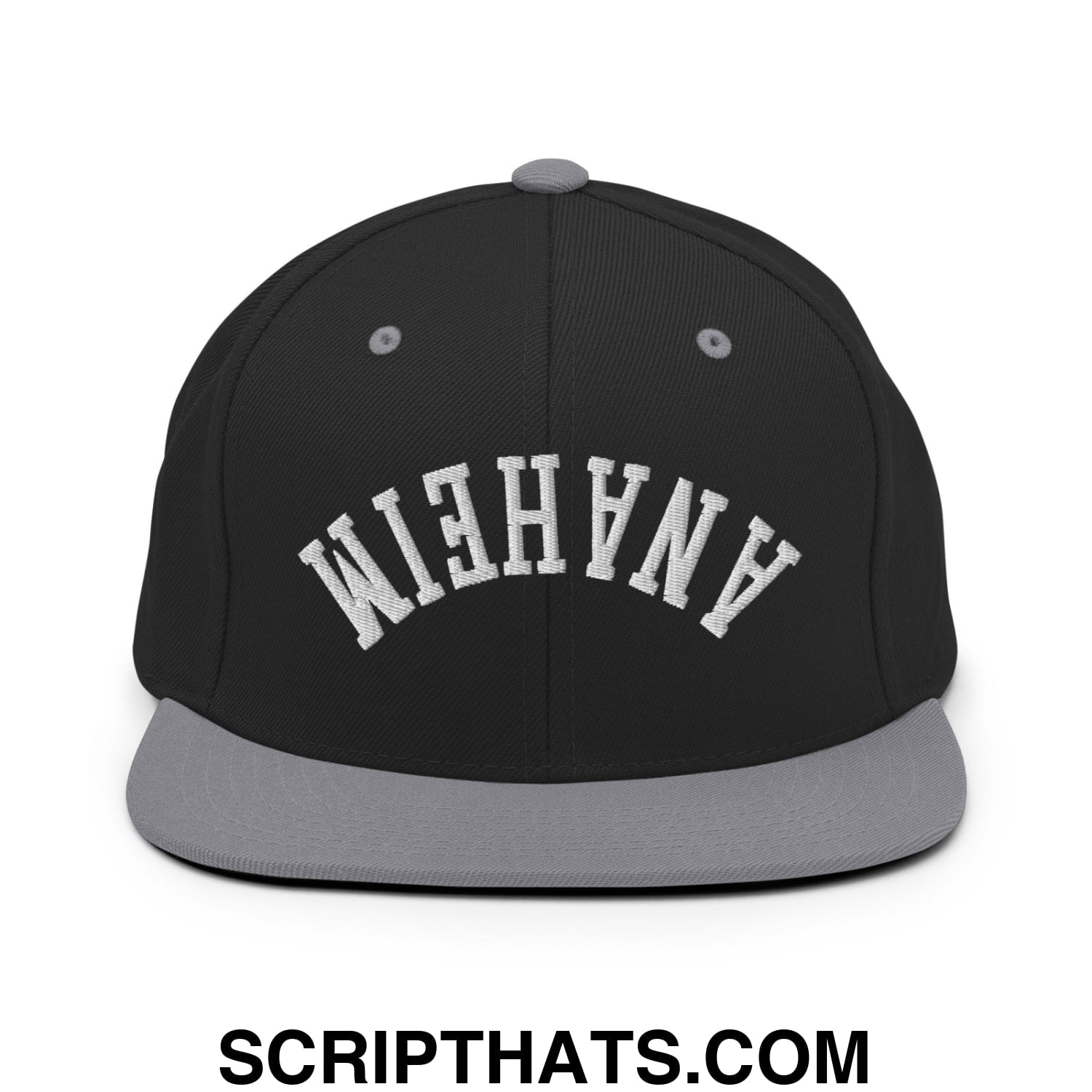 Upside Down Anaheim Embroidered Flat Bill Brim Snapback Hat Black Silver