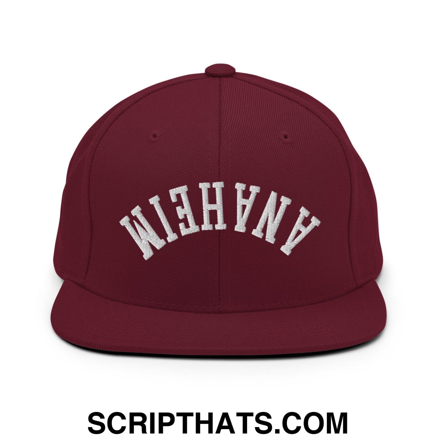 Upside Down Anaheim Embroidered Flat Bill Brim Snapback Hat Maroon