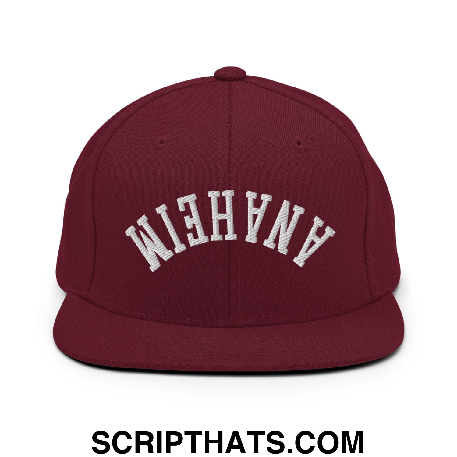 Upside Down Anaheim Embroidered Flat Bill Brim Snapback Hat Maroon