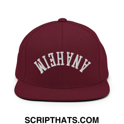 Upside Down Anaheim Embroidered Flat Bill Brim Snapback Hat Maroon