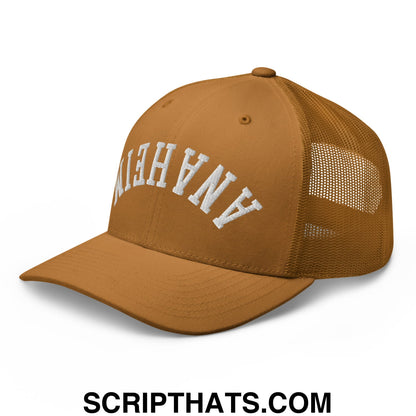 Upside Down Anaheim Embroidered Mesh Trucker Hat Caramel