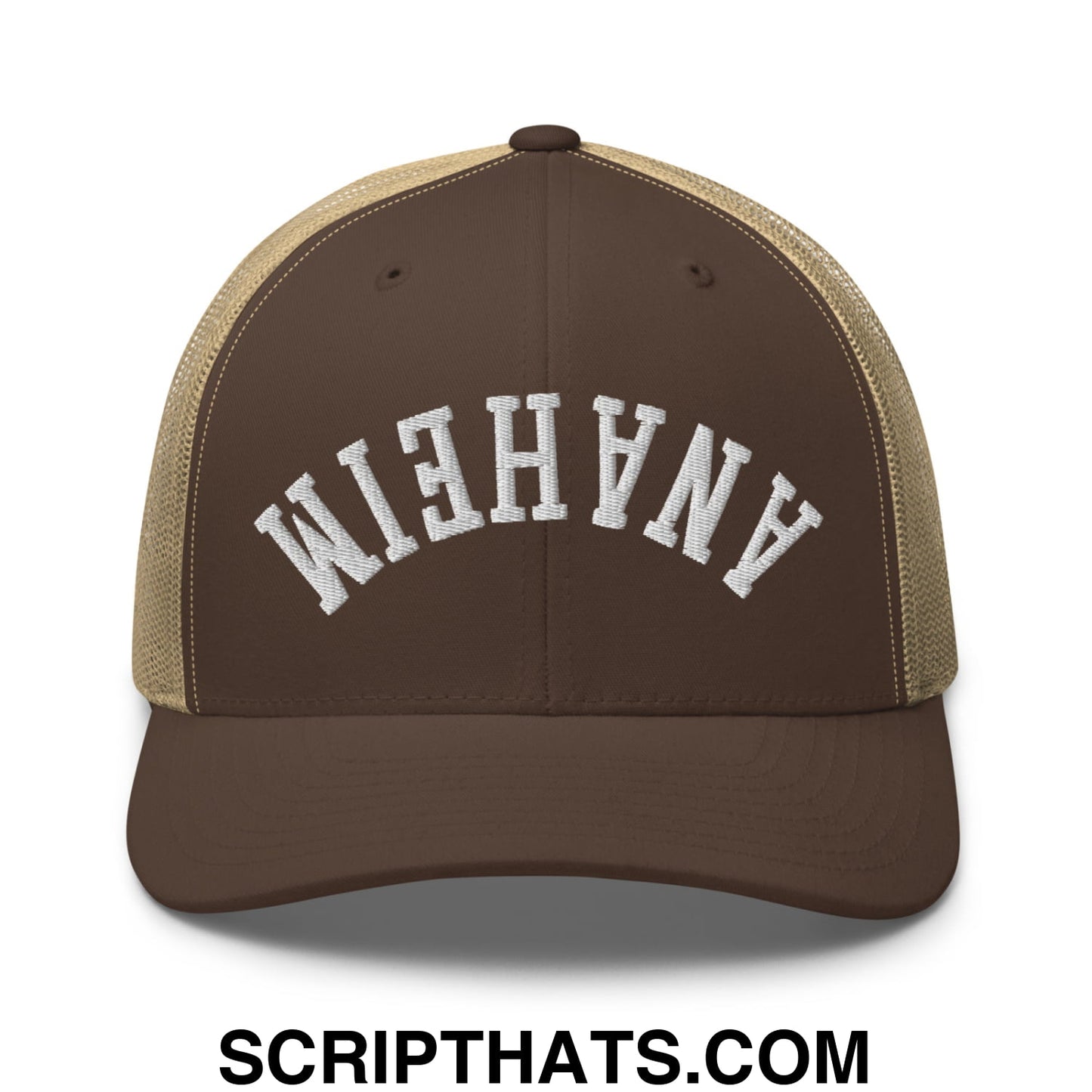 Upside Down Anaheim Embroidered Mesh Trucker Hat Brown Khaki