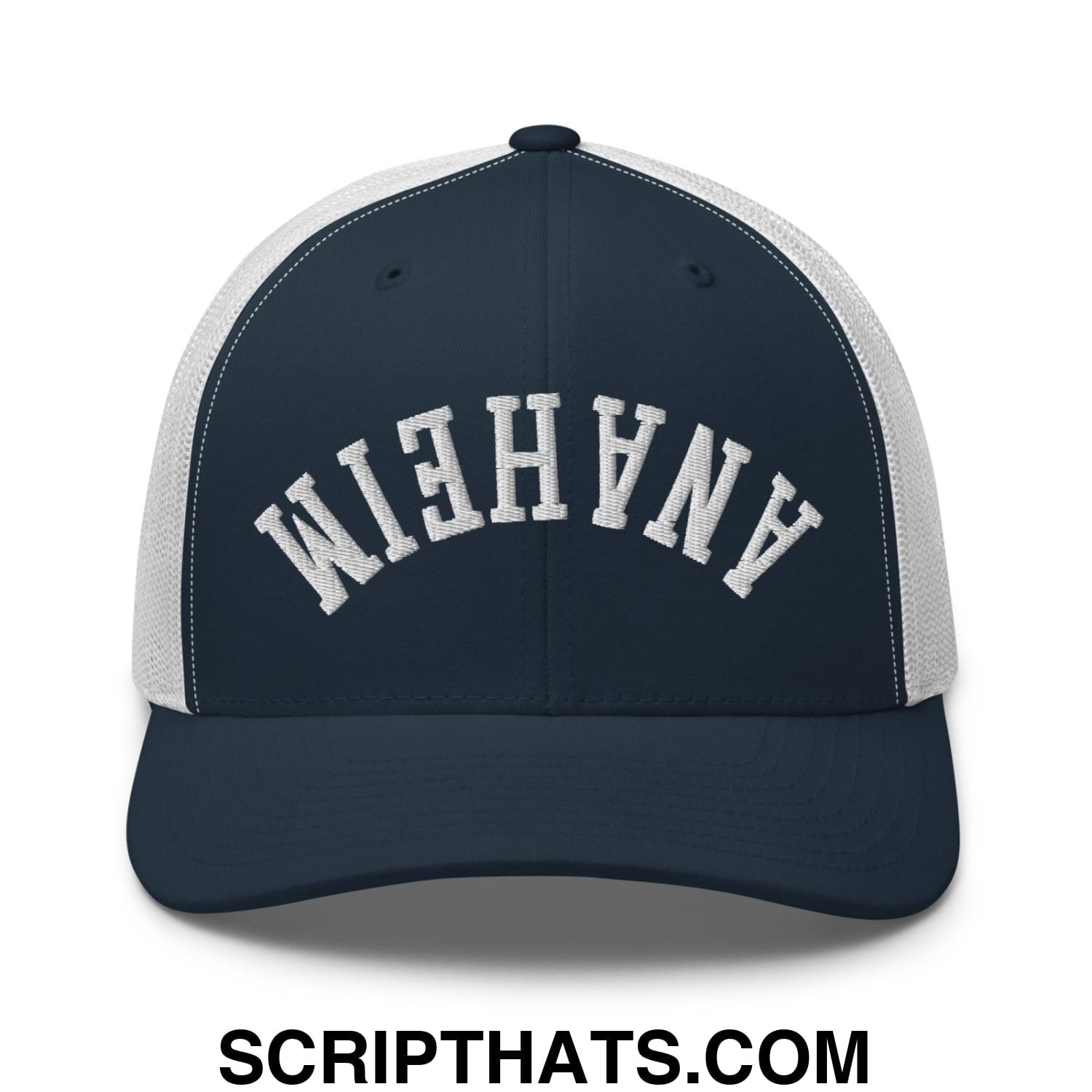 Upside Down Anaheim Embroidered Mesh Trucker Hat Navy White