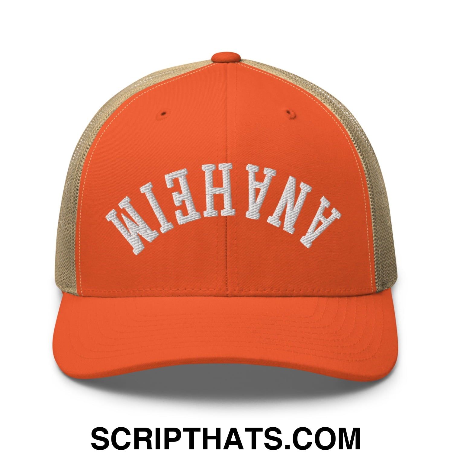 Upside Down Anaheim Embroidered Mesh Trucker Hat Rustic Orange Khaki