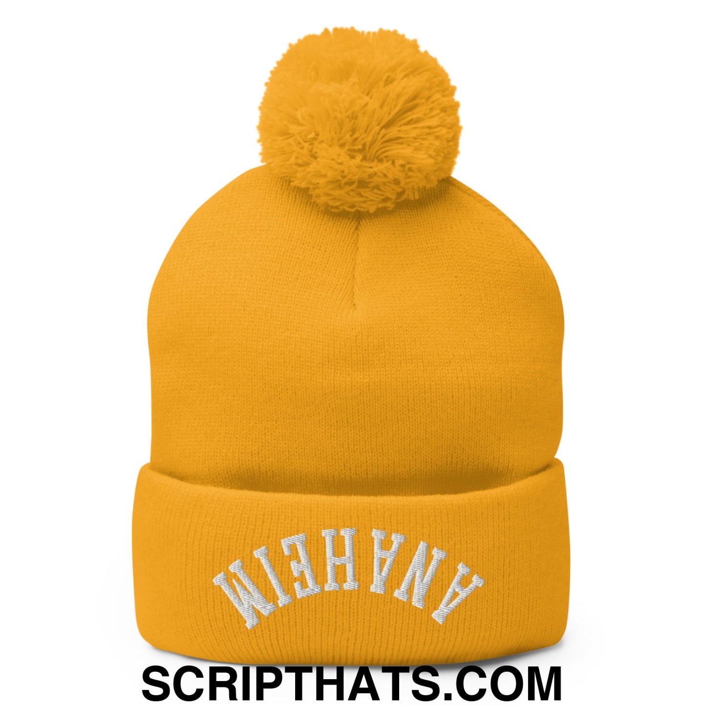 Upside Down Anaheim Embroidered Pom Pom Knit Beanie Gold