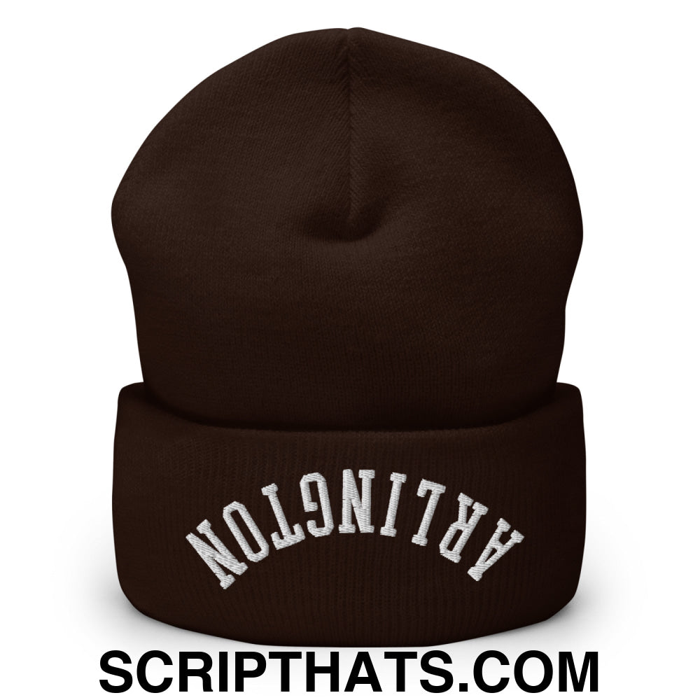 Upside Down Arlington Embroidered Cuffed Knit Beanie Brown