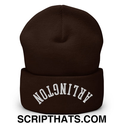 Upside Down Arlington Embroidered Cuffed Knit Beanie Brown