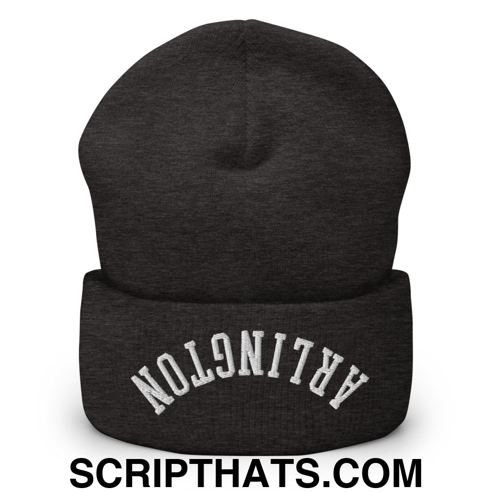 Upside Down Arlington Embroidered Cuffed Knit Beanie Dark Grey