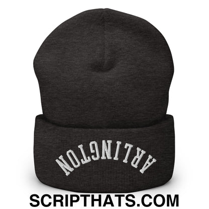 Upside Down Arlington Embroidered Cuffed Knit Beanie Dark Grey
