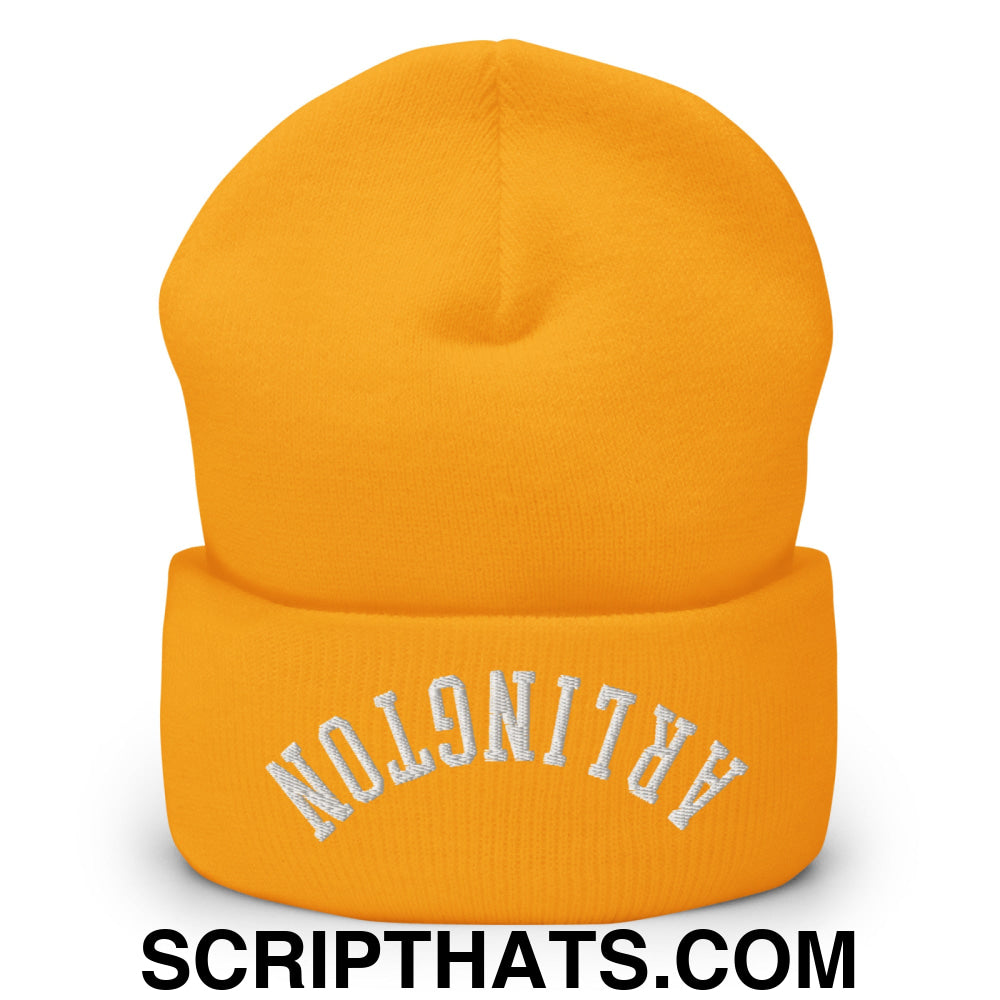 Upside Down Arlington Embroidered Cuffed Knit Beanie Gold