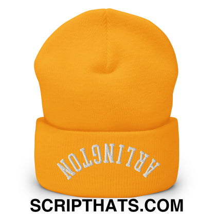 Upside Down Arlington Embroidered Cuffed Knit Beanie Gold