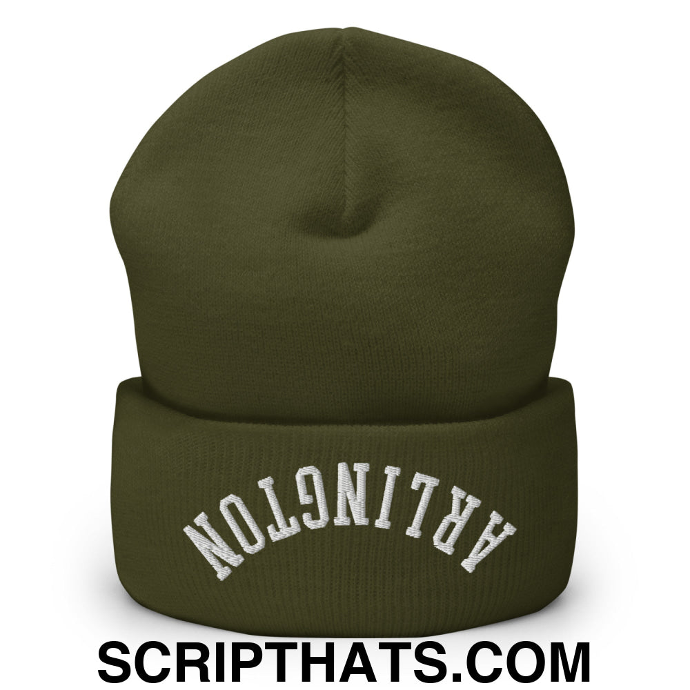 Upside Down Arlington Embroidered Cuffed Knit Beanie Olive