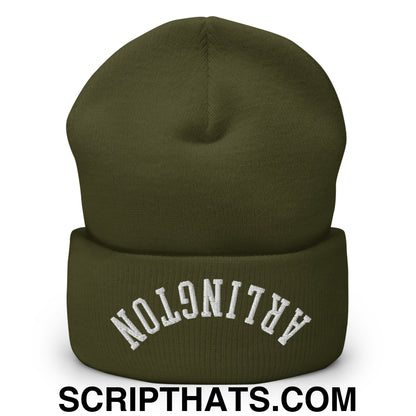 Upside Down Arlington Embroidered Cuffed Knit Beanie Olive