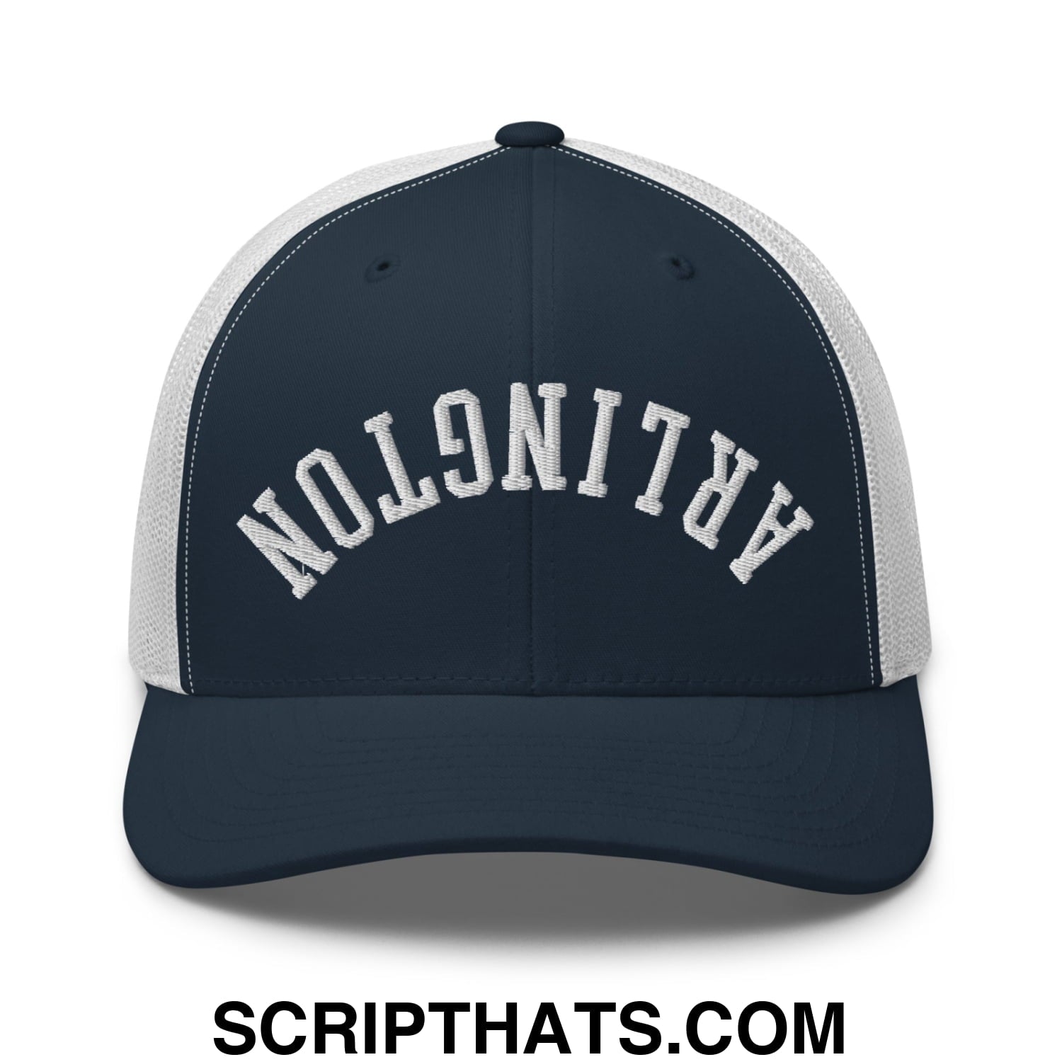 Upside Down Arlington Embroidered Mesh Trucker Hat Navy White