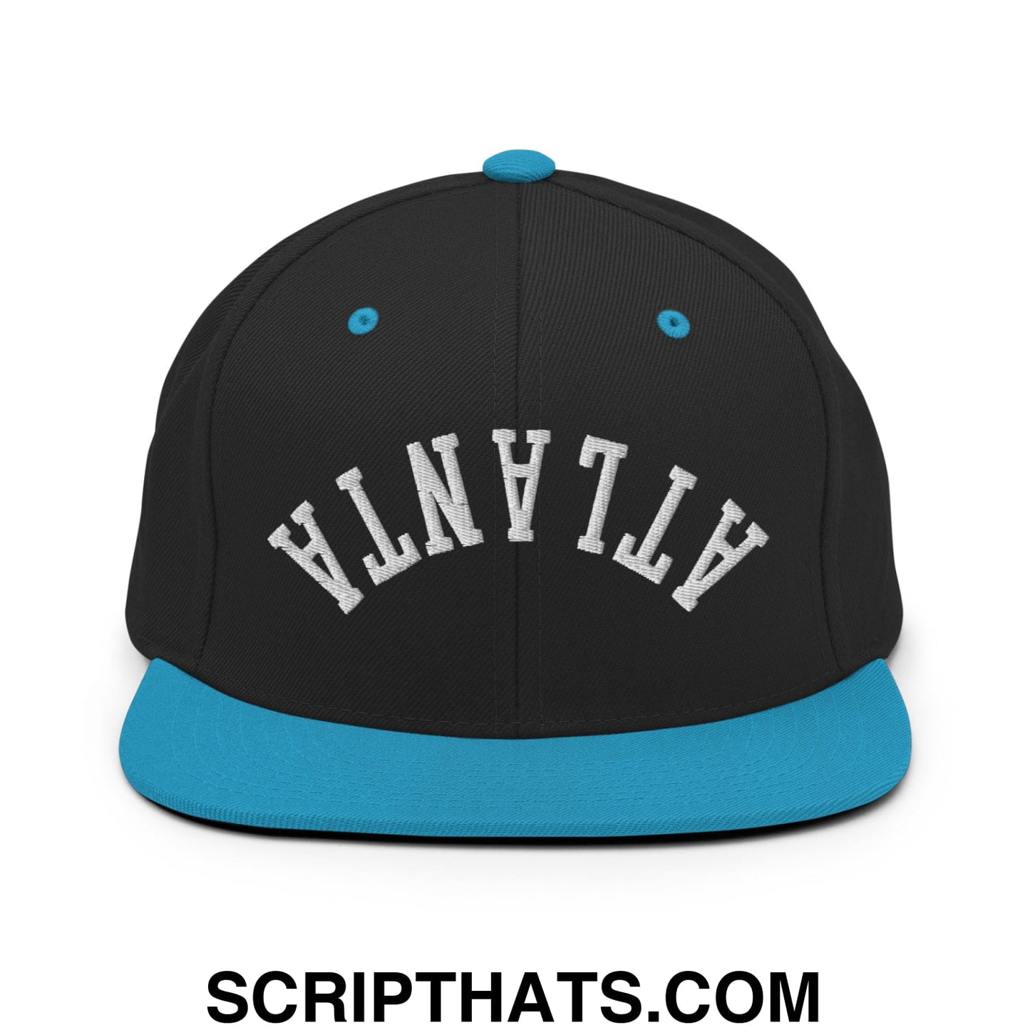 Upside Down Atlanta Embroidered Flat Brim Bill Snapback Hat Black Teal